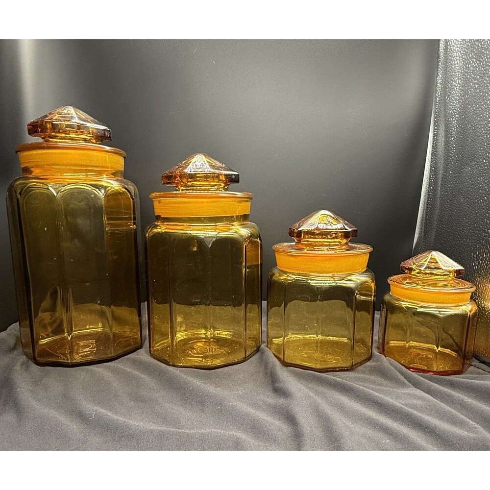 L.E. Smith 10 panel amber glass apothecary jars (set of 4) vintage canisters